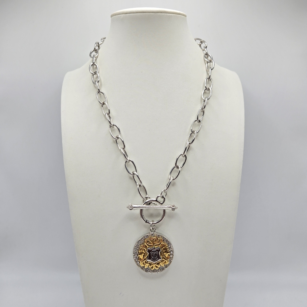 Juicy Couture Pendant Necklace Y2K Coat Of Arms Rhinestone Silvertone Goldtone